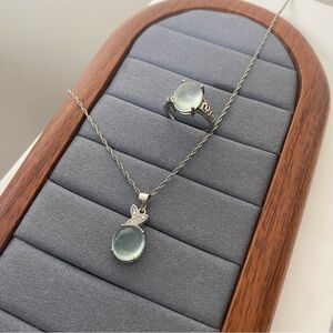 Gift Set of Prehnite Gemstone Necklace & Adjustable Ring